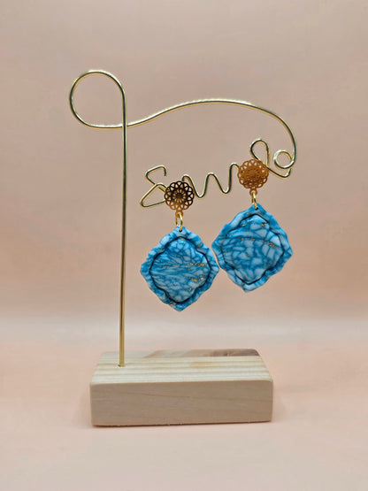 Set bijoux bleu marbré – boucles + bracelet corde