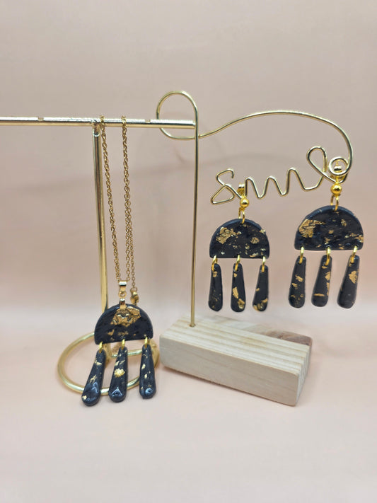 Set bijoux noir marbré doré – boucles d’oreilles & collier assorti