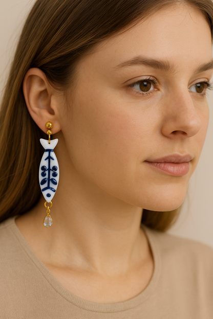 Boucles d’oreilles poisson bleu et blanc
